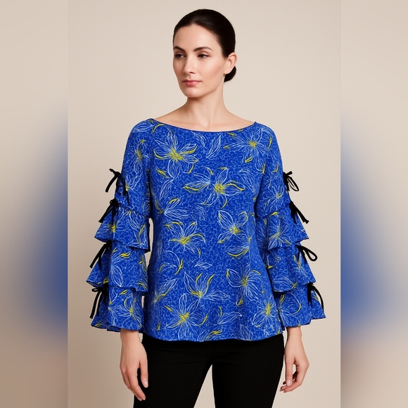 CQby CQ Blue Floral Ruffle Sleeve Tunic Top Size L - Picture 1 of 16